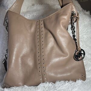 Michael Kors Beige Leather Shoulder Bag with Silver Accents
